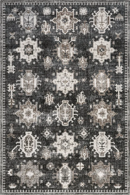 Brenda Hazy Heraldry Washable Rug | Dark Grey