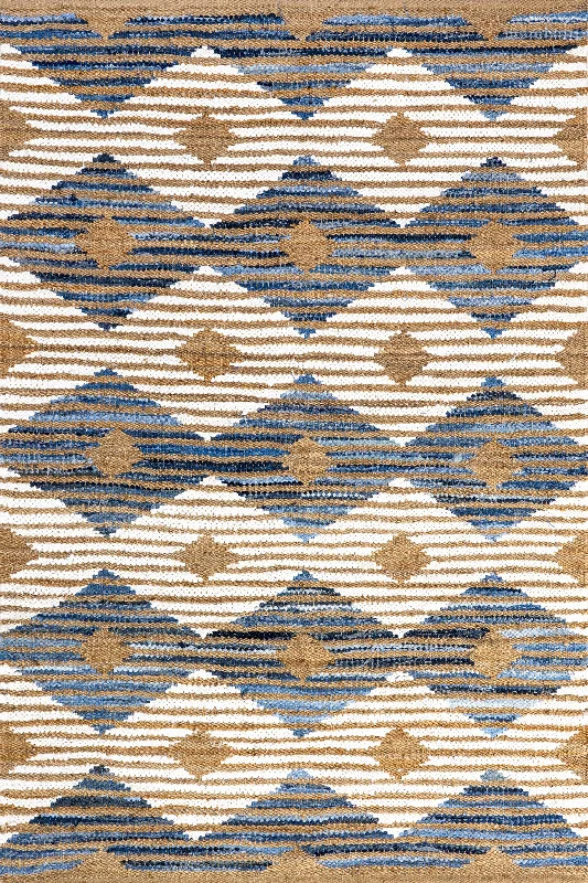 Hand Braided Denim And Jute Striped Diamonds Rug | Off White