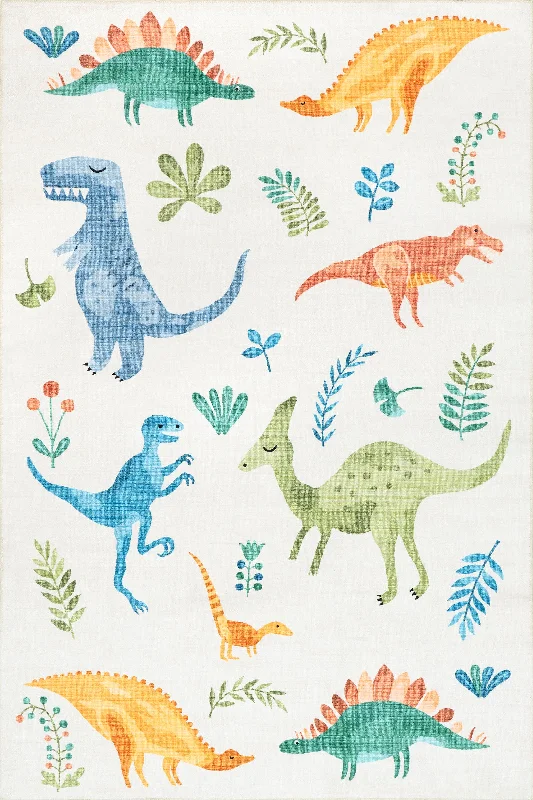 Kayleigh Kids Washable Dinosaur Rug | White Multicolor