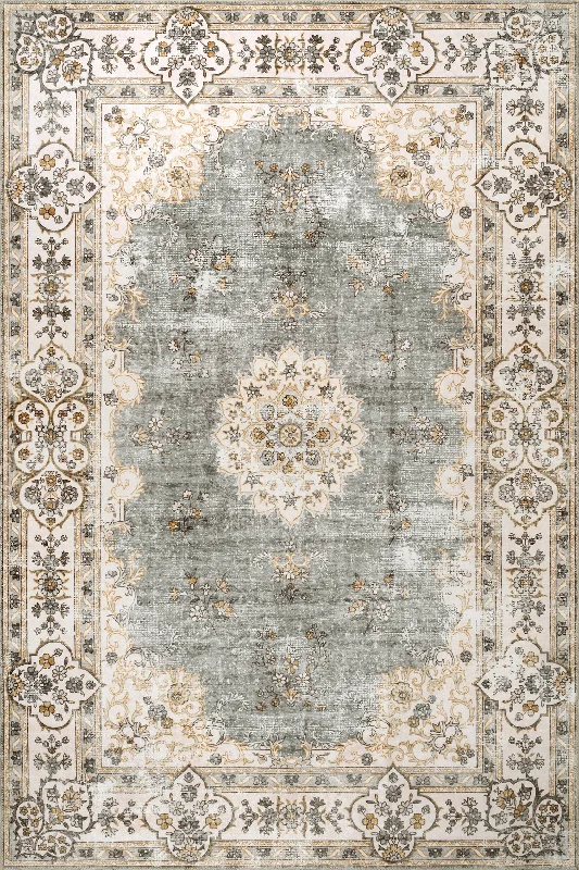 Rosette Medallion Washable Rug | Light Grey