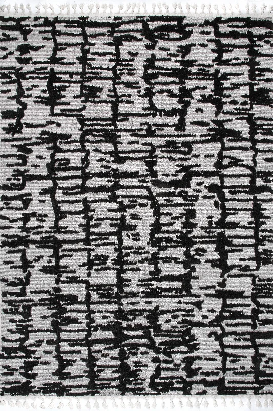 Textured Abstract Tasseled Rug | Black