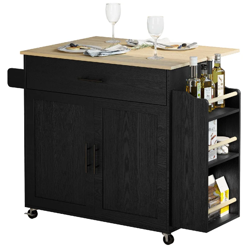 Rolling Kitchen Island with Drop Leaf, Storage Cabinet, and Charging Station - Black by IRONCK