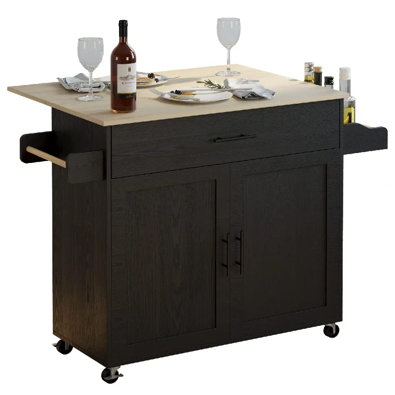 Rolling Black Kitchen Island Cart with Drop Leaf, Storage Cabinet & Spice Rack by IRONCK