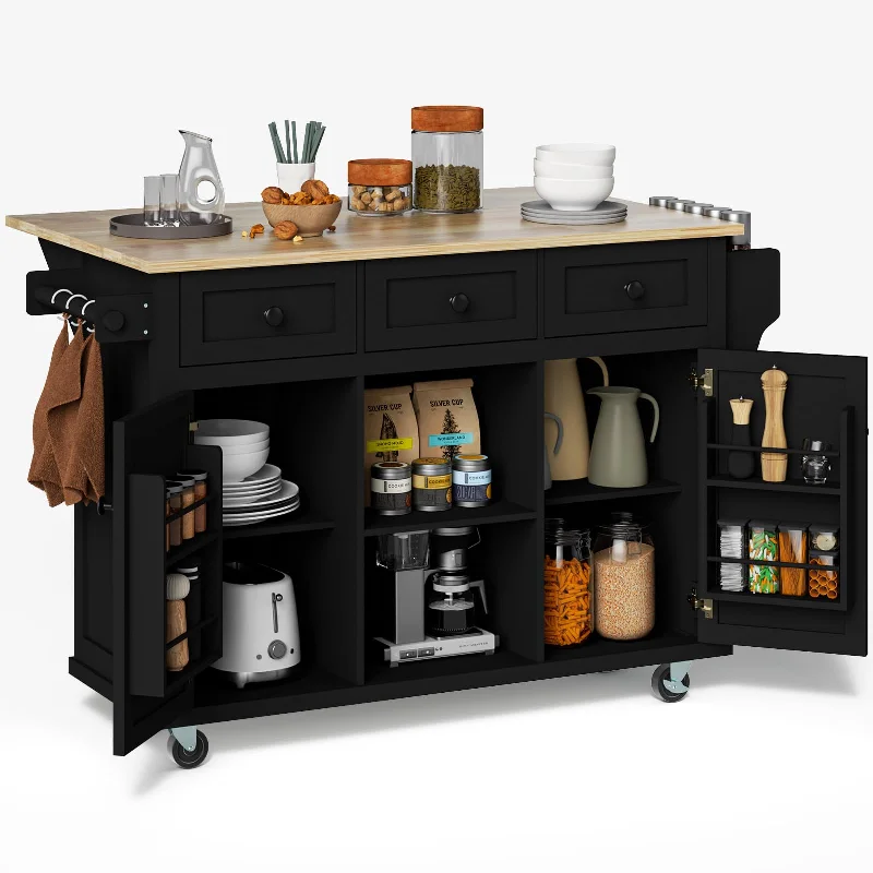 Rovibek 53in Mobile Kitchen Island with Drop Leaf, Storage Drawers, and Spice Rack in Jet Black