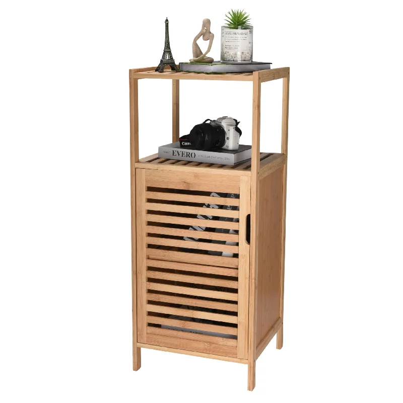 WHOLE HOUSEWARES Bamboo Shoe Rack Cabinet - Shelf Storage with Doors for Bathroom, Bedroom, and Kitchen- Freestanding Entryway Organizer Furniture - Multi-Tier Wood Cabinets for Small Spaces