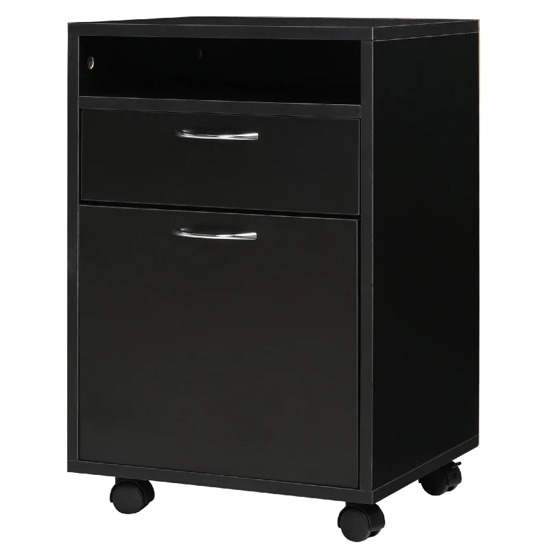 60cm Storage Cabinet w/ Drawer Open Shelf Metal Handles 4 Wheels Office Home Organiser Mobile Printer Black