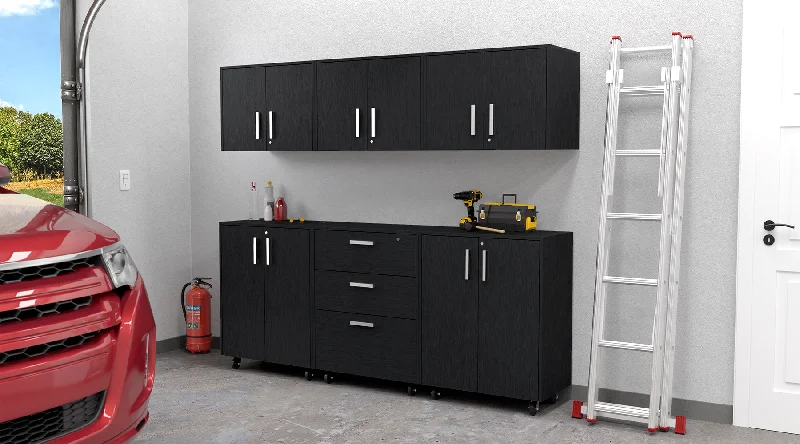 Akron 6 Piece Garage Set, 3 Wall Cabinets + 2 Storage Cabinets + Drawer Base Cabinet, Black Wengue Finish