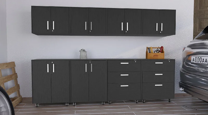 Burton 8 Piece Garage Set, 4 Wall Cabinets + 2 Storage Cabinets + 2 Drawer Cabinets, Black Wengue Finish