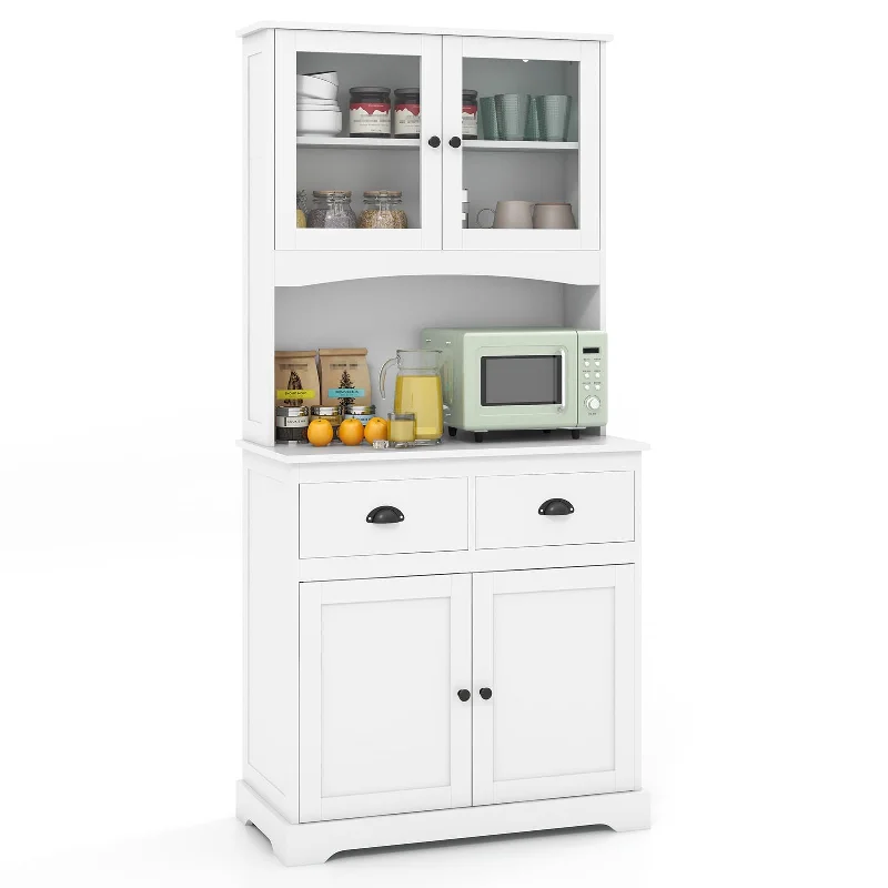 Giantex 67" Pantry Organizers, Freestanding Tall Buffet Cabinet with Hutch and 2 Drawers, Wooden Cupboard with Glass Doors