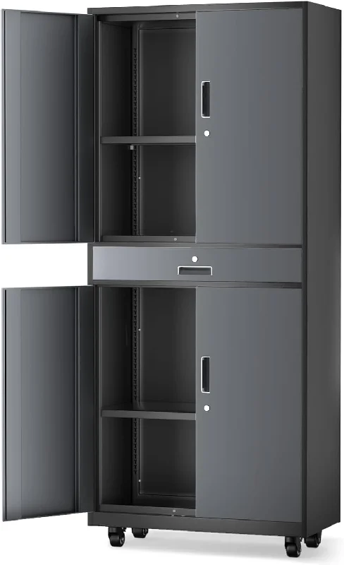 MoNiBloom Metal Storage Cabinet w/Wheels, Lockable Doors and Drawer, Grey Black - $165