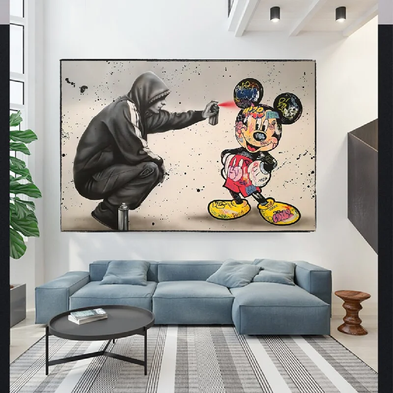 Banksy Mickey Spray Painted Canvas Wall Art - Street Art Print for Home Decor