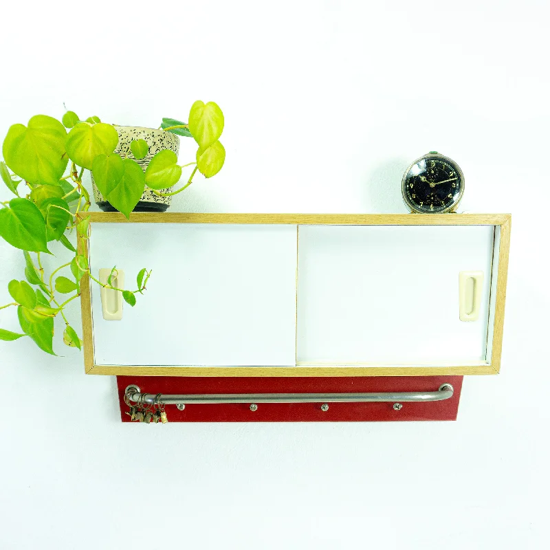 1950s white red midcentury KITCHEN WALL CABINET cupboard with sliding doors