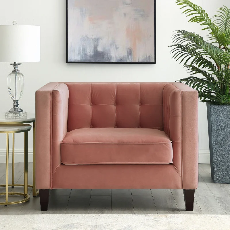 34" Blush And Espresso Velvet Tufted Club Chair