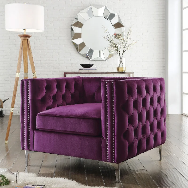 35" Purple And Silver Velvet Tufted Club Chair