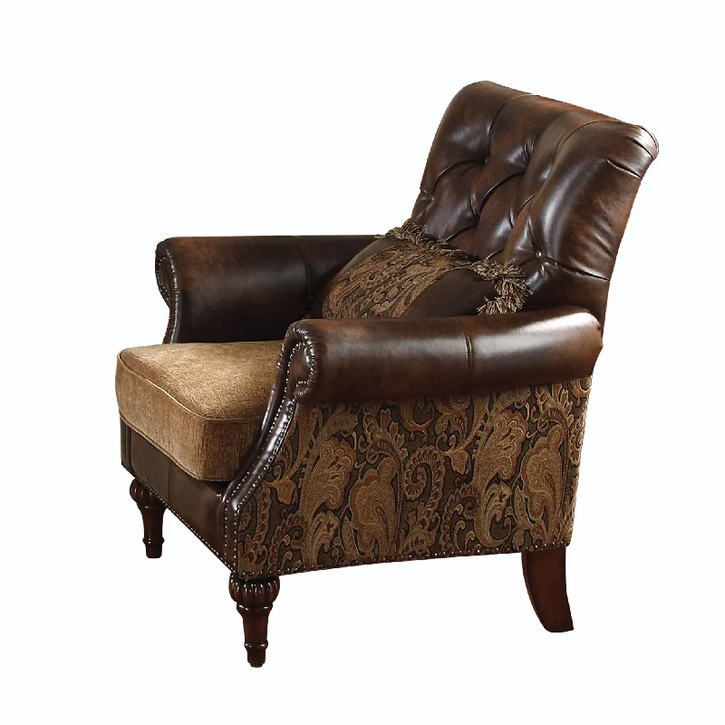 38" Brown And Black Faux Leather Floral Tufted Arm Chair