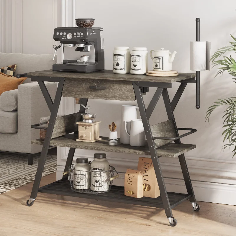 Bestier Grey Coffee Bar Station with Storage, Rolling Kitchen Cart and Towel Holder