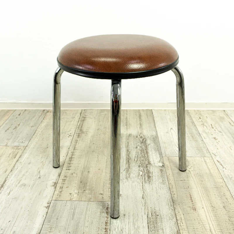 Comfy brown upholstered 1960s FAUX-LEATHER STOOL with chromed leg