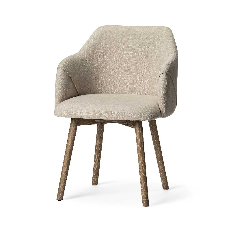 Cream And Brown Upholstered Fabric Dining Arm Chair