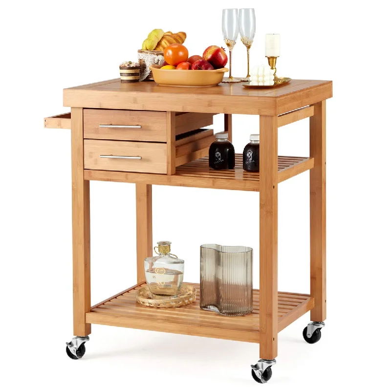 EROMMY Rolling Bamboo Wood Kitchen Island Cart, Multi-Purpose Kitchen Trolley Cart on Wheels, Rolling Kitchen Cart with Drawers, Open Storage Shelves, Towel Rack, Locking Casters