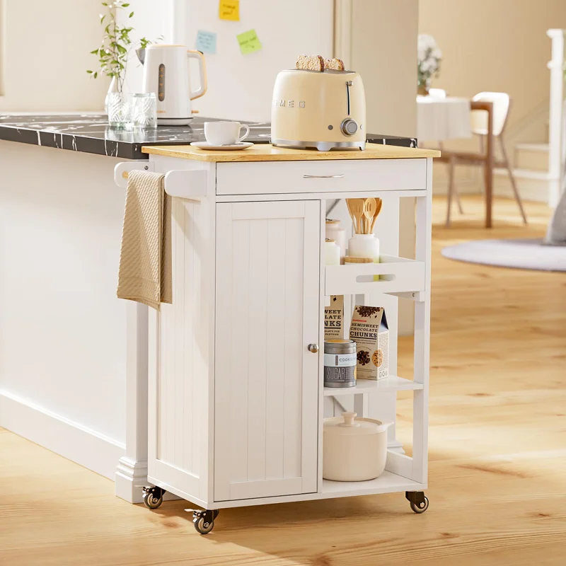 Gizoon Kitchen Island Cart with Removable Tray, 27.6''W Rolling Utility Trolley Cart with Drawer, Cabinet, Towel Rack, Hooks and 3 Open Storage