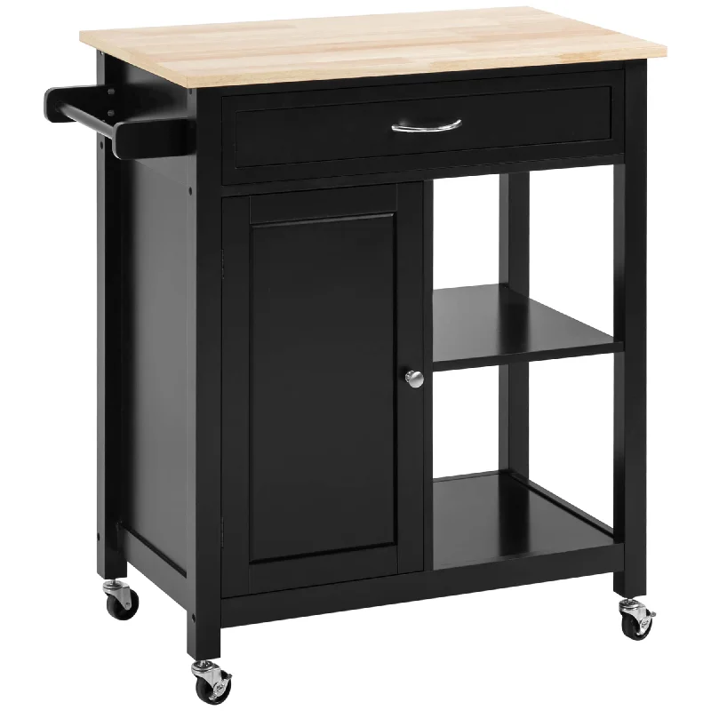 HOMCOM Kitchen Island Cart, Rolling Kitchen Island with Storage Shelf, Solid Wood Top, Drawer, for Dining Room, Black