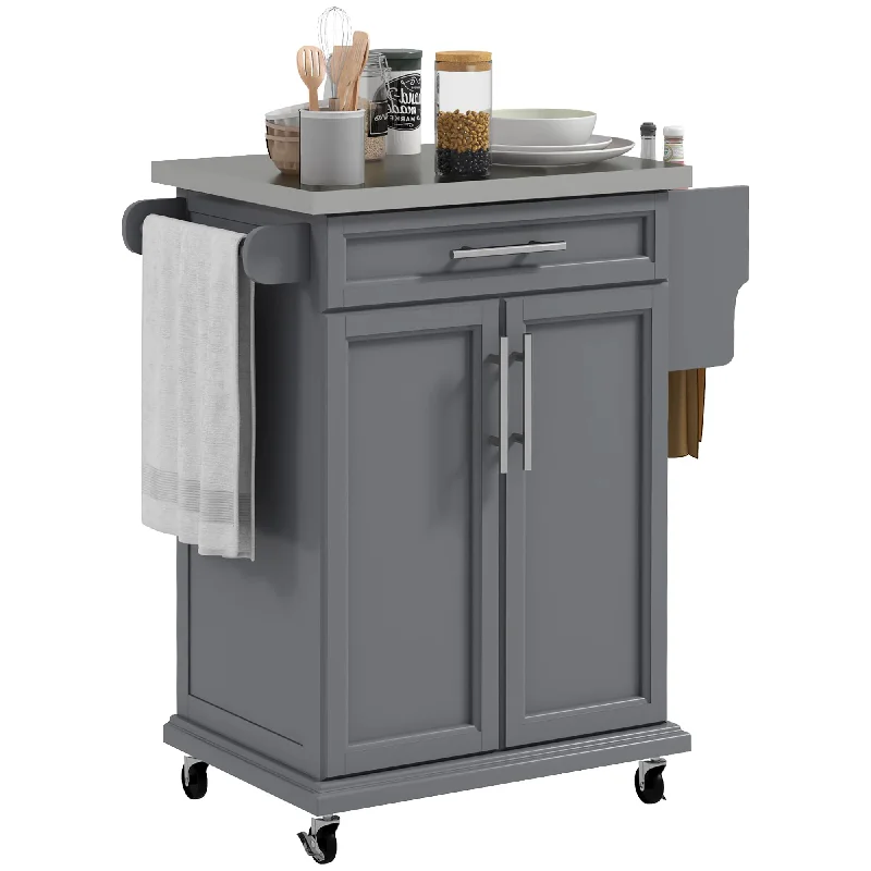 HOMCOM Kitchen Island on Wheels, Rolling Kitchen Cart with Stainless Steel Countertop, Drawer, Towel Rack and Spice Rack, Utility Storage Trolley, Gray