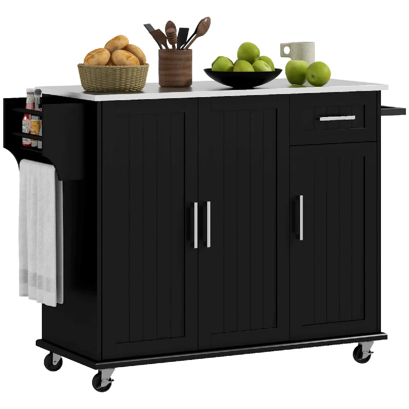 HOMCOM Kitchen Island with Storage, Rolling Kitchen Island on Wheels with Drawer, 3 Cabinets, Stainless Steel Countertop, Spice Rack and Towel Rack, Black