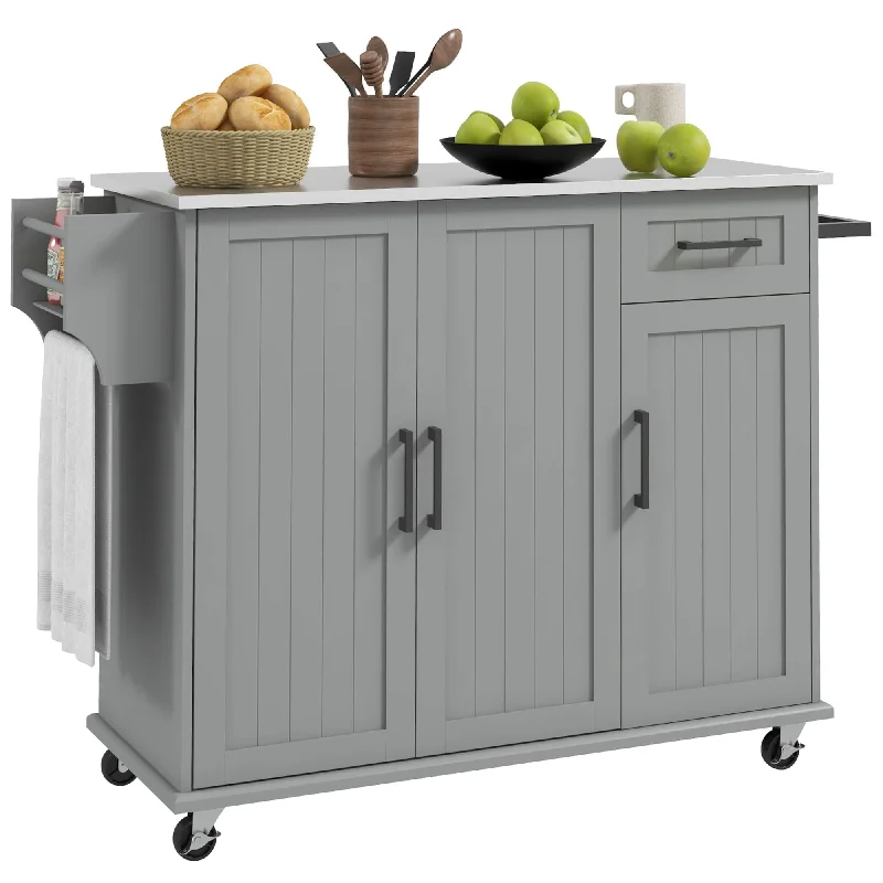 HOMCOM Kitchen Island with Storage, Rolling Kitchen Island on Wheels with Drawer, 3 Cabinets, Stainless Steel Countertop, Spice Rack and Towel Rack, Gray