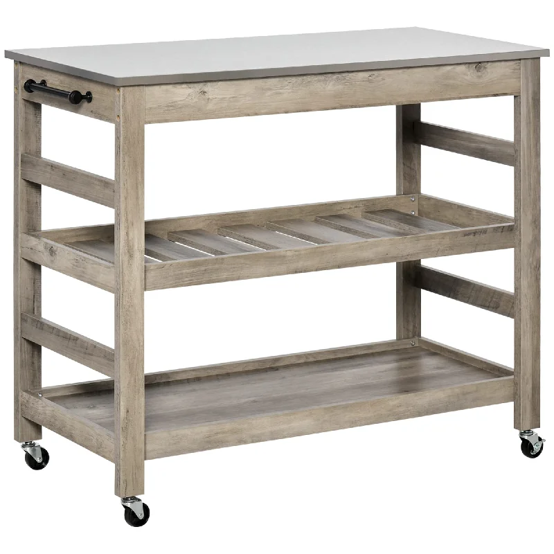 HOMCOM Rolling Kitchen Cart with Stainless Steel Countertop, 1 Bottom Shelf, 1 Slotted Middle Shelf and 4 Castor Wheels, Grey