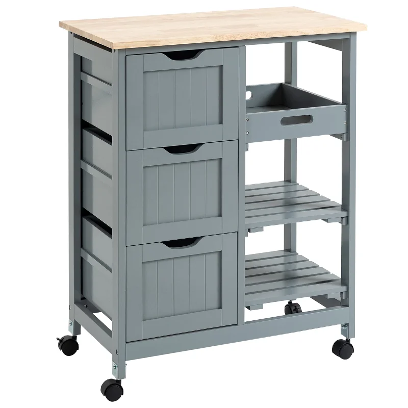 HOMCOM Rolling Kitchen Island Cart, Bar Serving Cart, Compact Trolley on Wheels with Wood Top, Shelves & Drawers for Home Dining Area, Grey