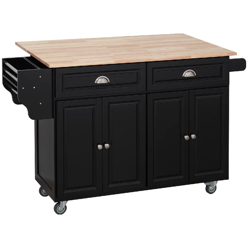 HOMCOM Rolling Kitchen Island Drop Leaf, Kitchen Cart on Wheels, Solid Wood Top Breakfast Nook with Storage Drawers, 4-Door Cabinets and Spice Rack, Black