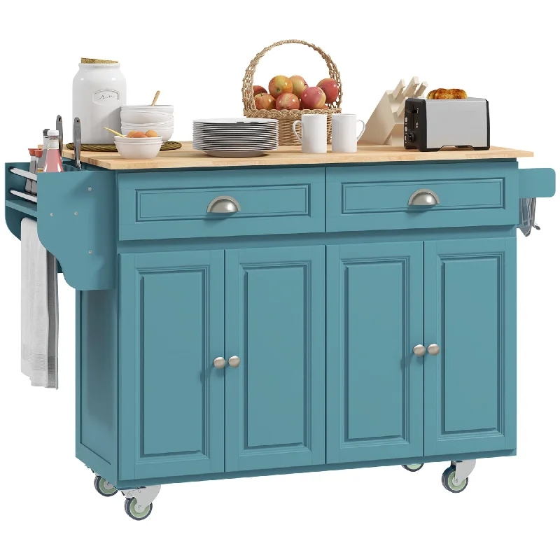 HOMCOM Rolling Kitchen Island Drop Leaf, Kitchen Cart on Wheels, Solid Wood Top Breakfast Nook with Storage Drawers, 4-Door Cabinets and Spice Rack, Light Blue