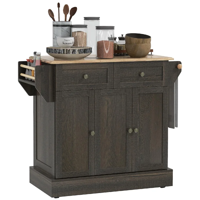 HOMCOM Triple-Cabinet Kitchen Island on Wheels, Kitchen Storage Cabinet with Drawers & Countertop, Rolling Utility Cart with Wood Top, Towel Rack, Spice Stand, Distressed Brown