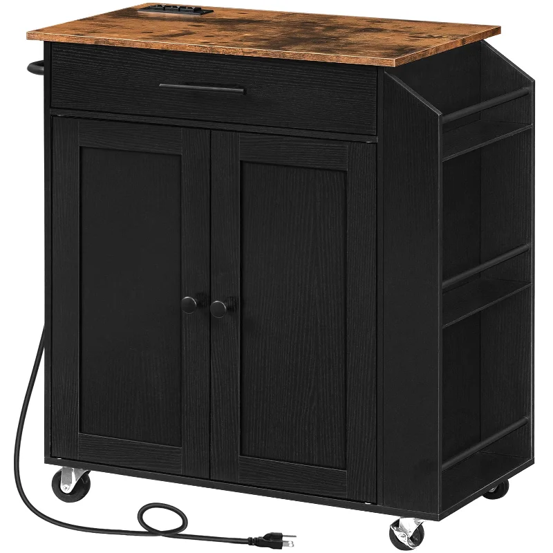 HOOBRO Kitchen Island with Power Outlet, Kitchen Storage Island with Spice Rack and Drawer, Rolling Kitchen Cart on Wheels, for Home, Kitchen and