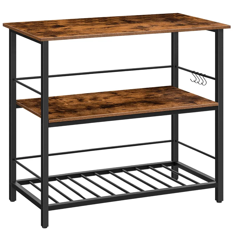 HOOBRO Kitchen Island with Wine Rack, Industrial Kitchen Counter with Hooks and Protective Rails, 3 Tier Kitchen Shelf with Large Workstation, Easy Assembly, Rustic Brown BF02ZD01