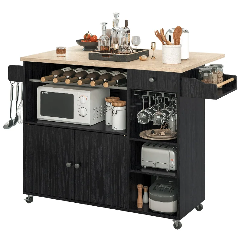 IRONCK Rolling Kitchen Island Cart with Drop-Leaf and Wine Rack, Microwave Rack Serving Cart on Wheels with Drawer & Shelves & Spice Rack & Cup Hanging, Black