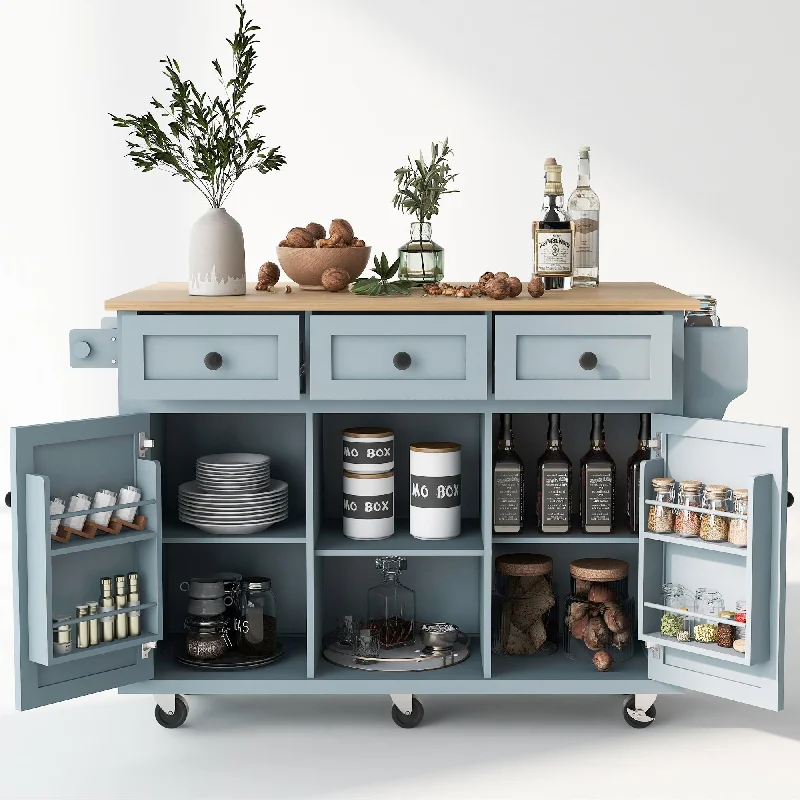 LUMISOL Kitchen Island with Drop Leaf, Wood kitchen island on Wheel with Internal Storage Racks (Gray Blue,53.1" D)