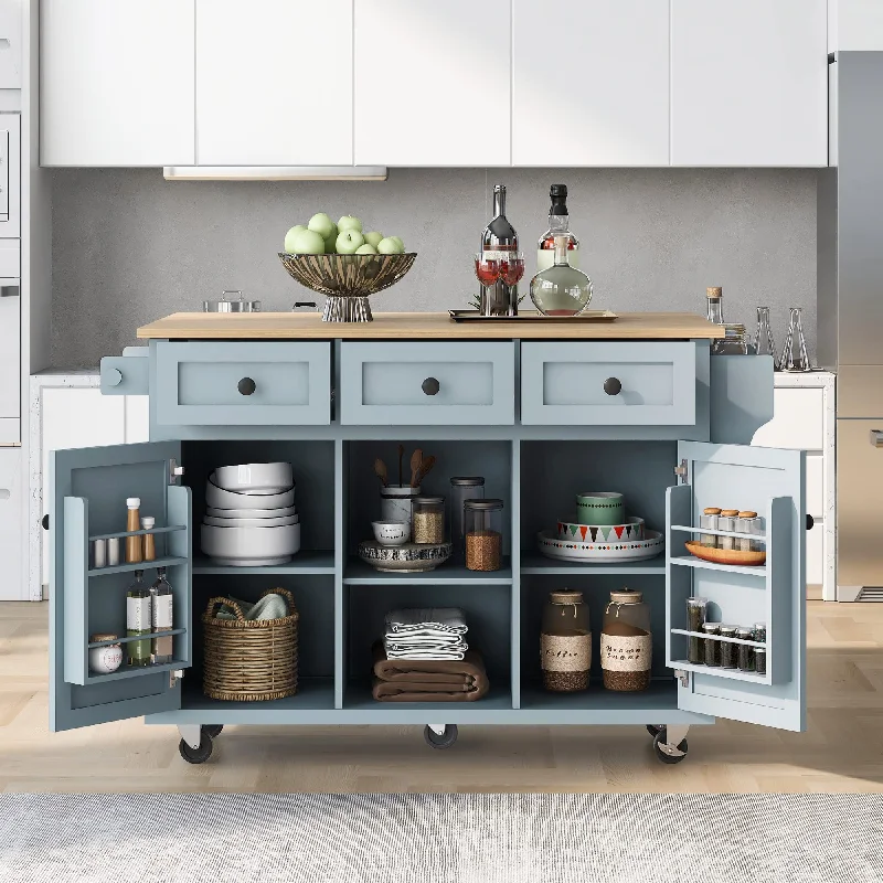 MACHOME Kitchen Cart with Rubber Wood Drop-Leaf Countertop, Cabinet Door Internal Storage Racks, Kitchen Island on 5 Wheels with Storage Cabinet and 3 Drawers for Dinning Room, Grey Blue