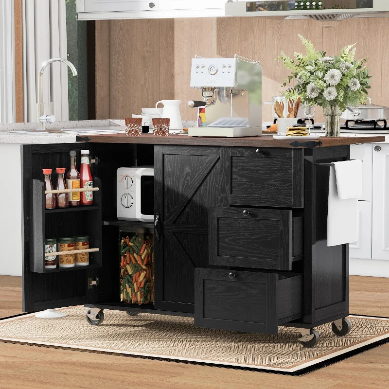 Merax 54.5" Kitchen Cart Island on Wheels with Power Outlet,Drop Leaf and 3 Side Drawers,Farmhouse Wood Frame Storage Cabinet for Dining Room