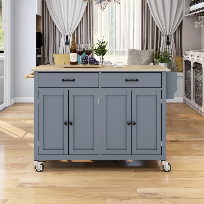 Merax Rolling Mobile Kitchen Island Cart with Wood Top and Locking Wheels, 4 Door Cabinets and 2 Drawers, Spice & Towel Rack, 54.3 Inch Width, Grey Blue