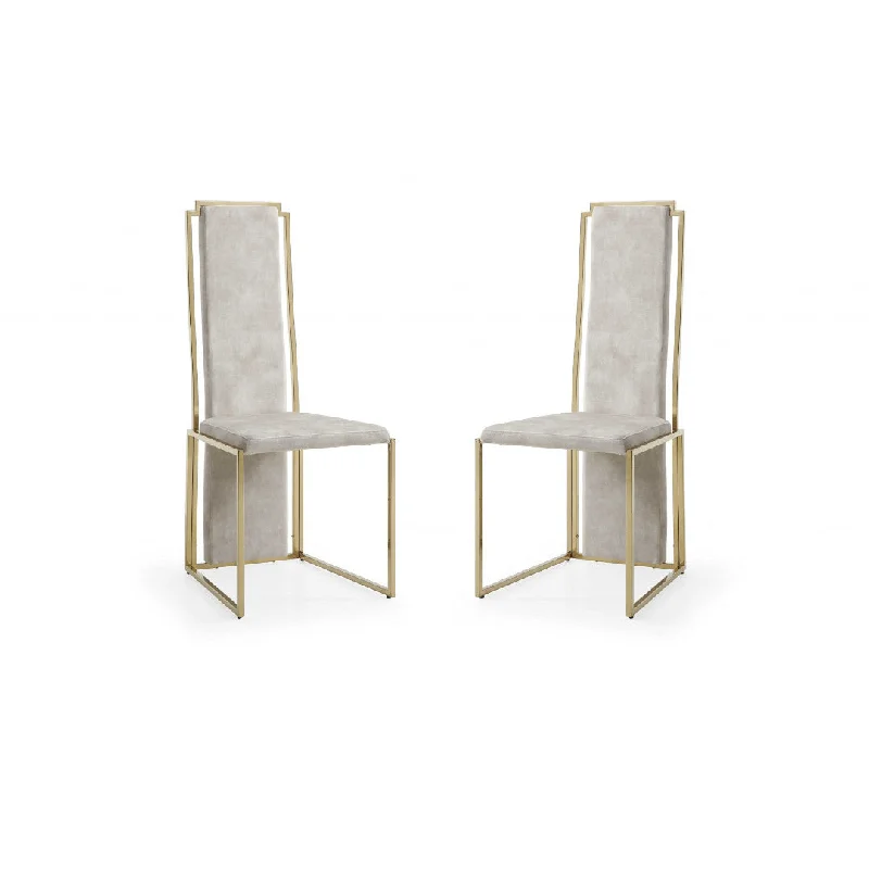 Set Of 2 Ultra Modern Beige Suede And Gold Dining Chairs