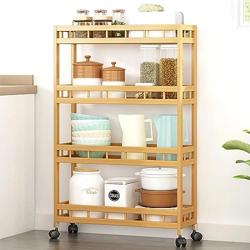 TIE-DailyNec 4-Tier Bamboo Kitchen Rolling Cart Removable Wood Trolley Island Cart, Utility Cart Multi-Layer Storage Shelf Rack on Wheels (23.6" L X 7.1" W X 37.8" H)