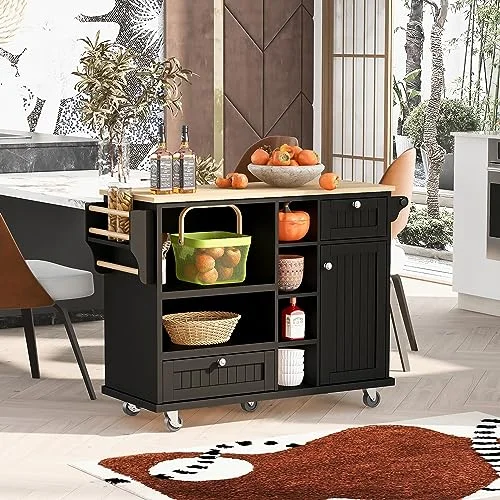 WOODRK Kitchen Island Cart with Storage Cabinet and 2 Locking Wheels, Solid Wood Desktop Microwave Cabinet, Floor Standing Buffet Server Sideboard, for Kitchen Room, Dining Room, Bathroom, Black