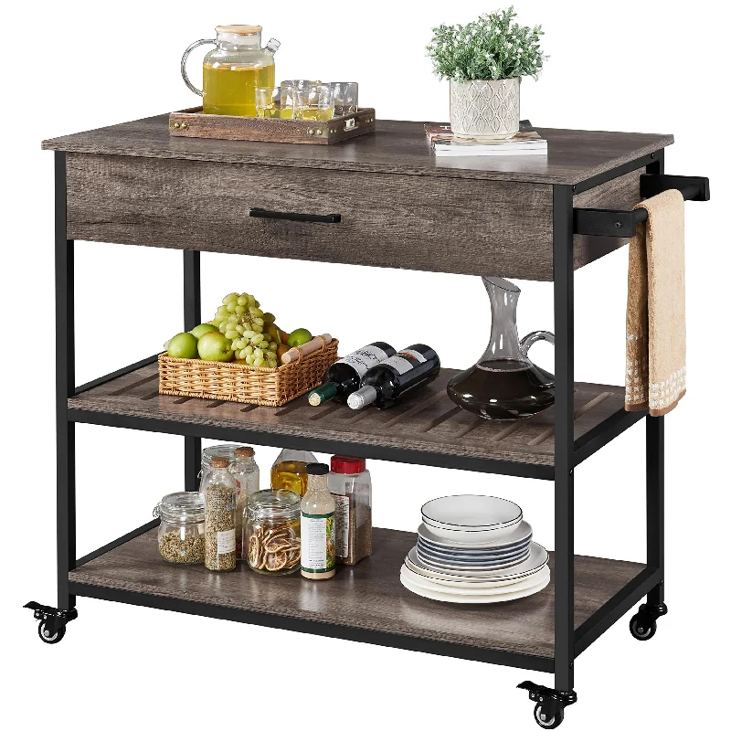 Yaheetech Kitchen Cart with Storage, Rolling Kitchen Island with Drawer and Towel Rack, Utility Shelf Microwave Stand Cart with Lockable Wheels for Dining Room, 40 x 20 x 36 inches, Taupe Wood