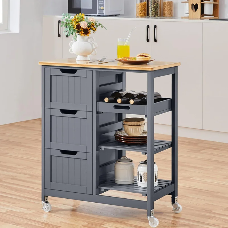 Yaheetech Kitchen Island Cart on Wheels with Storage, Rolling Bar Cart with Solid Wood Top and 3 Drawers, 3 Removable Shelves, Serving Utility Carts for Dining Room/Small Kitchen, Dark Gray