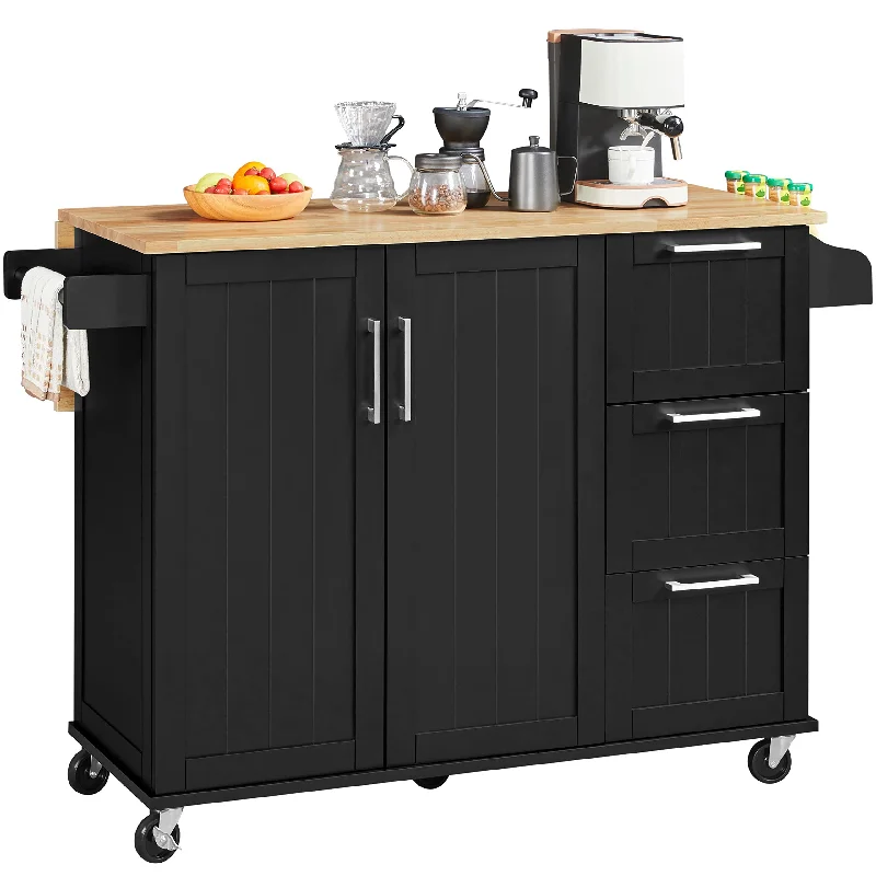 Yaheetech Black Kitchen Island Cart with Drop-Leaf Countertop, Storage Cabinet, and 3 Drawers on Wheels