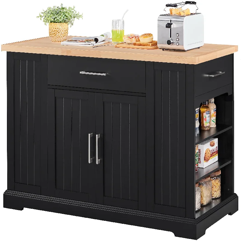 Yaheetech Kitchen Island on Hidden Wheels, Rolling Kitchen Cart with Thicker Rubberwood Top & 3 Drawers & Open Shelves, Storage Cabinet with