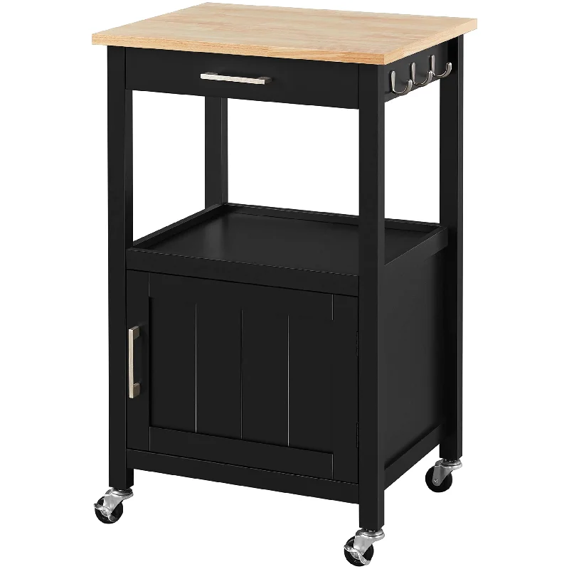 Yaheetech Small Kitchen Island on Wheels with Wood Top and Drawer, Trolley Cart with Open Shelf and Storage Cabinet for Dining Room, 22x18x35 Inches, Black