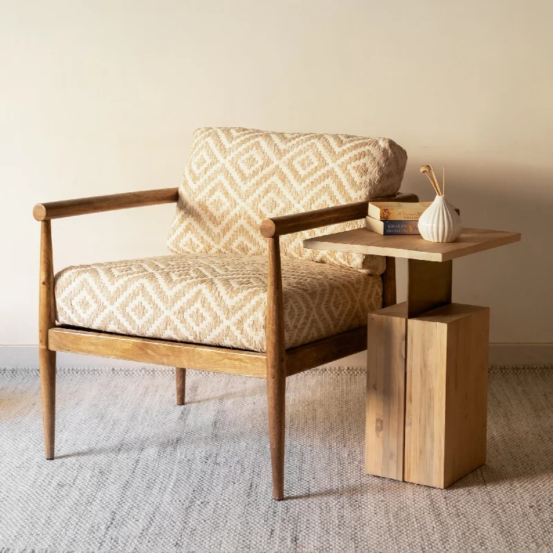 28" Beige And Brown Fabric Geometric Arm Chair